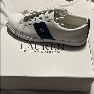 Lauren Ralph Lauren White Sneakers with Navy Stripe